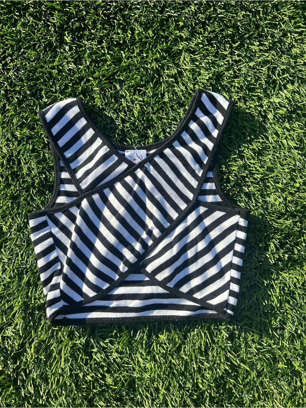 Tiramisu Black & White Striped Cropped Crossover Tank